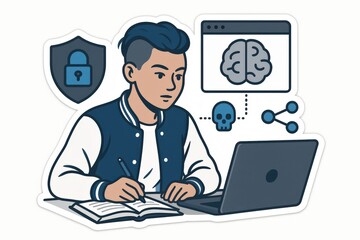 Young student engaged in deep learning about cybersecurity strategies with digital symbols representing safety brains sharing and risks analyzed through a modern computer setup