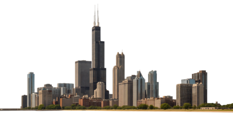 Chicago Skyline with Willis Tower and Lake Michigan Shoreline on Transparent Background photorealistic isolated on a transparent background