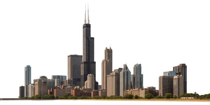 Chicago Skyline with Willis Tower and Lake Michigan Shoreline on Transparent Background photorealistic isolated on a transparent background