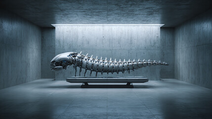 Futuristic cybernetic spine resting on a sleek steel table inside a minimalist concrete room, high-tech biomechanical design, detailed metallic textures