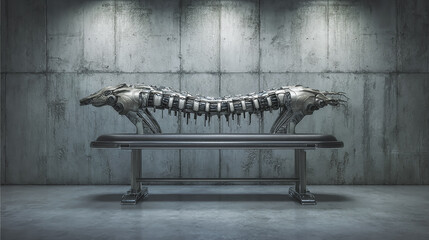 Futuristic cybernetic spine resting on a sleek steel table inside a minimalist concrete room, high-tech biomechanical design, detailed metallic textures