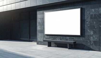 Fototapeta premium Blank Billboard Display on a Modern Building Facade with Bench for Advertisement