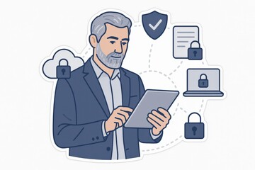Mature man analyzing cybersecurity strategies through a digital tablet while surrounded by symbols of data protection privacy and successful technology implementation