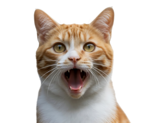 Orange and white cat yawning, close-up portrait, cutout, PNG isolated on white or transparent background