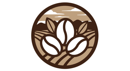 A vector illustration of coffee beans in a circular frame, representing a coffee farm with fields and hills, perfect for branding or product design projects.