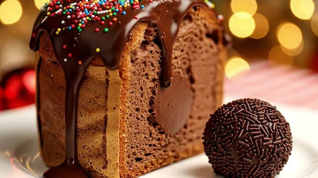 Panettone chocolate panettone with  chocolate glaze and sprinkles Brigadeiro panetone