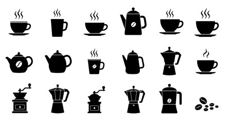 A collection of black silhouette icons representing coffee cups, teapots, coffee makers, grinders, and beans, perfect for beverage-related designs.