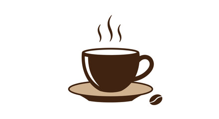 Obraz premium A simple vector illustration depicts a steaming cup of coffee on a saucer, with a single coffee bean next to the cup, perfect for cafe or beverage designs.