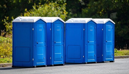 Essential public sanitation facilities, a neat row of blue portable chemical toilets waiting for the arrival of a large crowd at an outdoor festival