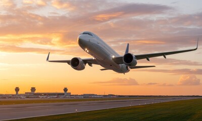 Naklejka premium Jet taking off at sunset over airport runway