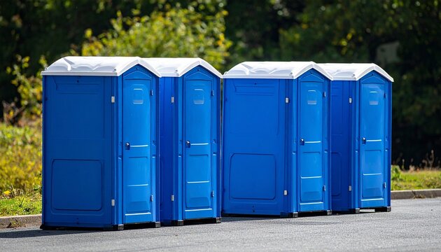 Essential public sanitation facilities, a neat row of blue portable chemical toilets waiting for the arrival of a large crowd at an outdoor festival