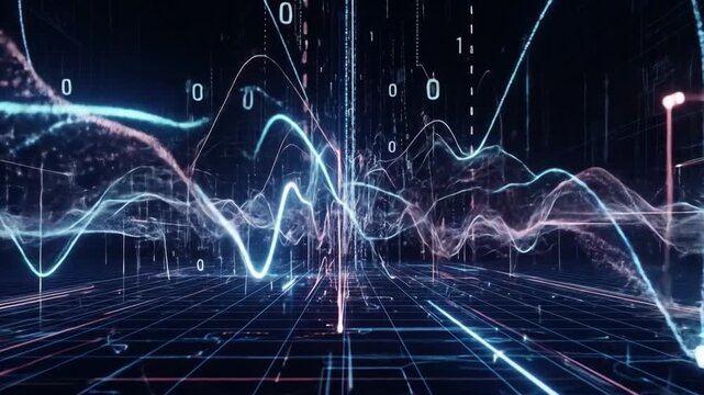 An abstract depiction featuring data lines binary code and a grid emphasizing a technological datadriven aesthetic