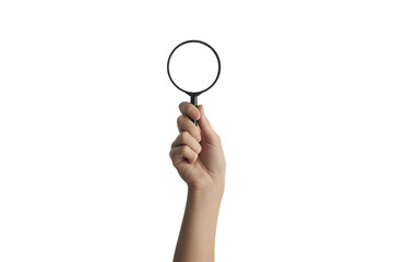 Hand holding a magnifying glass with a white circle in the lens on a white background graphic design isolated on a transparent background