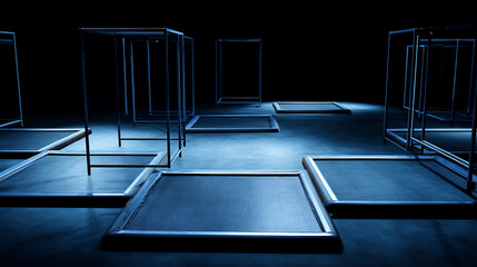 Abstract geometric frames arranged in a dark, illuminated space with blue lighting
