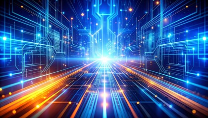 Futuristic circuit board with glowing lines and nodes, creating a sense of depth and technological advancement.