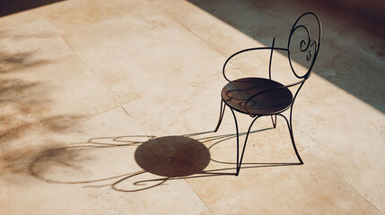 Minimalist black metal round chair casting a distinct shadow on a beige concrete patio, soft natural lighting, high detail, clean modern aesthetic, product photography style