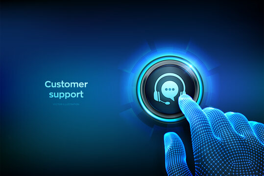 Customer support service technology concept. Technical support, customer service, digital interface, tech support assistance. Hand about to press the customer support button. Vector illustration.