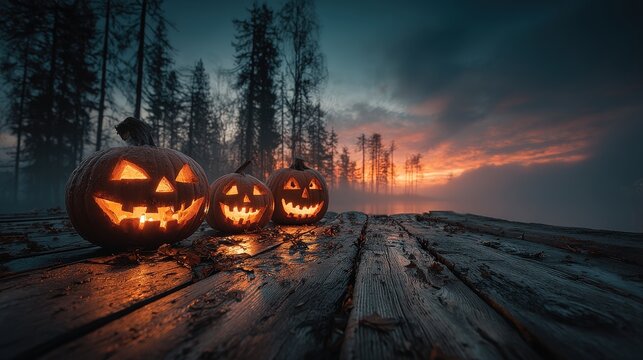 Three Jack-o'-Lanterns on Dock at Misty Sunset