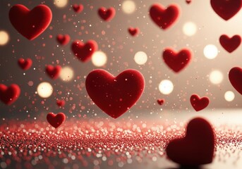 Obraz premium Romantic red hearts floating in sparkling glitter and bokeh lights, symbolizing love and celebration