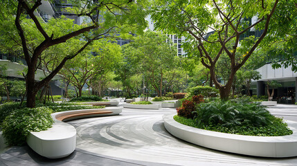 Modern city plaza with elegant curving benches surrounded by lush green trees, clean urban design, bright natural light, vibrant greenery, high-resolution