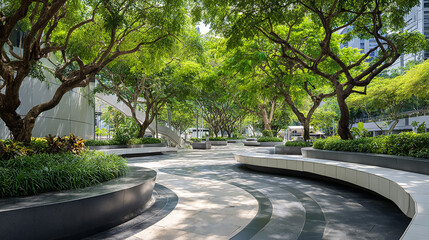 Modern city plaza with elegant curving benches surrounded by lush green trees, clean urban design, bright natural light, vibrant greenery, high-resolution