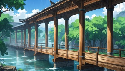 A serene, wooden bridge spans a tranquil river, framed by lush greenery and a gentle rain, creating a peaceful and picturesque landscape.