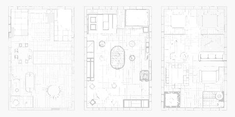 Top down architectural floor plan sketches of three different interior room layouts in a minimalist white and grey style