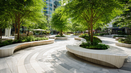 Modern city plaza with elegant curving benches surrounded by lush green trees, clean urban design, bright natural light, vibrant greenery, high-resolution
