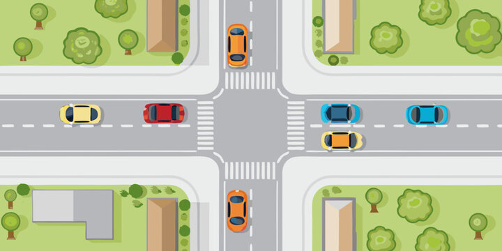 Aerial view of a busy intersection with cars crosswalks and trees creating a vibrant urban scene