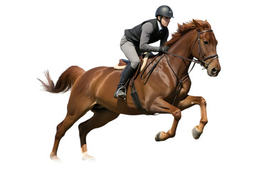 Equestrian rider in black vest and helmet jumping with chestnut horse sport isolated on a transparent background