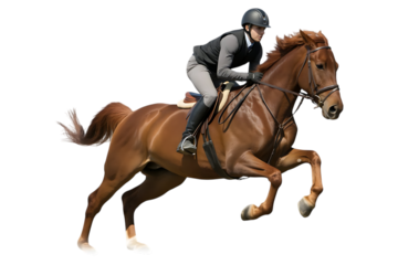Equestrian rider in black vest and helmet jumping with chestnut horse sport isolated on a transparent background