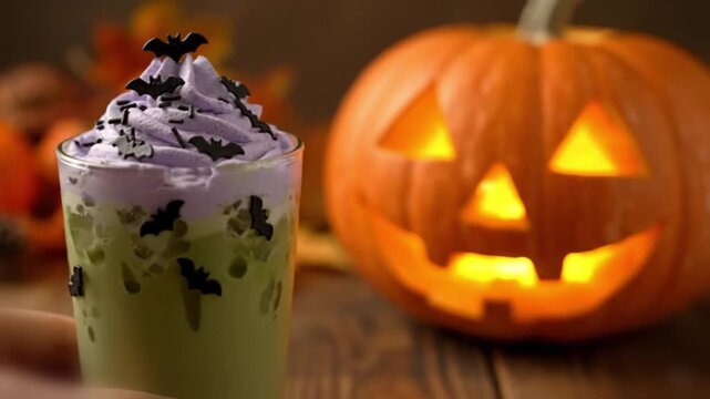 Refreshing iced matcha with pastel cream and tiny bat shaped sprinkles plated next to a faint pumpkin lantern, modern seasonal beverage styling