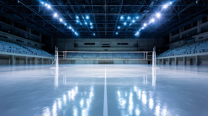 Empty indoor sports arena with illuminated volleyball court and net under bright ceiling lights