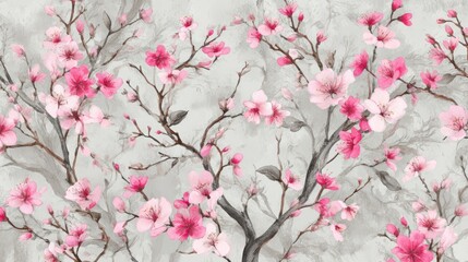 Fototapeta premium Delicate pink cherry blossoms bloom on bare branches against a soft textured background