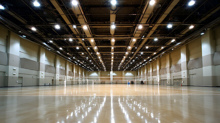 Empty indoor sports hall with polished floor and high ceiling lighting
