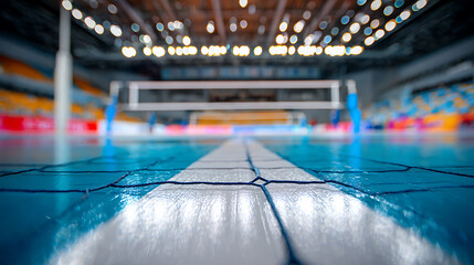 Close-up view of a polished indoor sports court with a net in the background, illuminated by overhead lights
