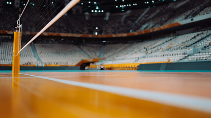 Empty indoor volleyball court with net and wooden flooring, viewed from low angle in a large arena