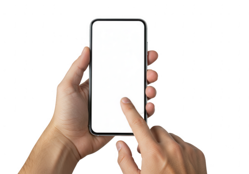 Close up of a person s hands holding a modern smartphone with a blank screen isolated on transparent background