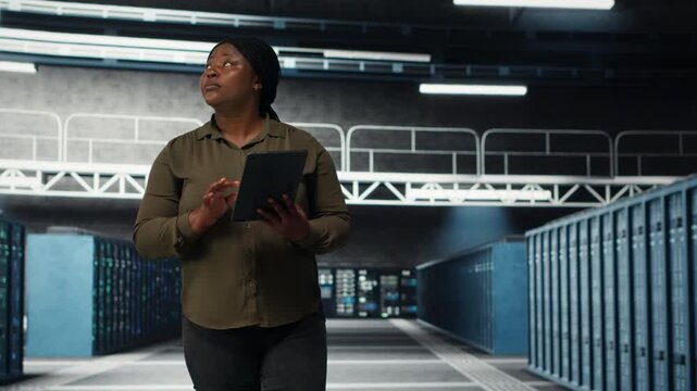 Data center admin monitoring data center metrics on tablet to enhance operational effectiveness. Worker using analytics on device to predict server farm performance, camera B