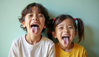 Two children showing their tongues and smiling in playful expression  