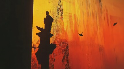 Silhouette of a Statue Against a Fiery Sunset