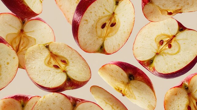 Multiple red apple slices levitate against a beige backdrop, showcasing their juicy interiors and subtle variations in color and texture.  The image is vibrant and appears digitally manipulated