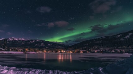 Aurora Borealis over a Frozen Lake and Snowy Mountains