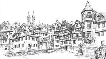 Hand-drawn black and white sketch of a charming historic town with timber-framed buildings and a serene river setting in a picturesque European landscape.