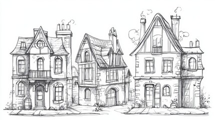 Obraz premium Hand-Drawn Elegant Architecture Sketch of Vintage Houses with Unique Features, Windows, Roofs, and Charming Details in Black and White