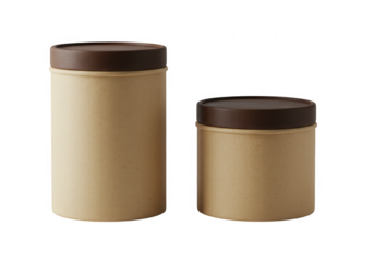 Two cylindrical cardboard containers with dark brown lids isolated on a transparent background isolated on transparent background