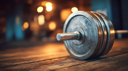 A close-up of a metal barbell resting on a wooden floor in a dimly lit gym setting.