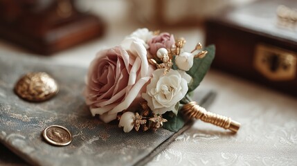 Elegant Wedding Boutonniere: Delicate Roses and Gold Accents