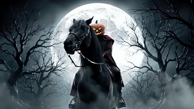 Headless Horseman Silhouette on Black Horse Against Full Moon in Foggy Forest at Night