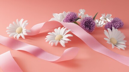 Delicate Pink Ribbon and White Daisies, a Springtime Still Life